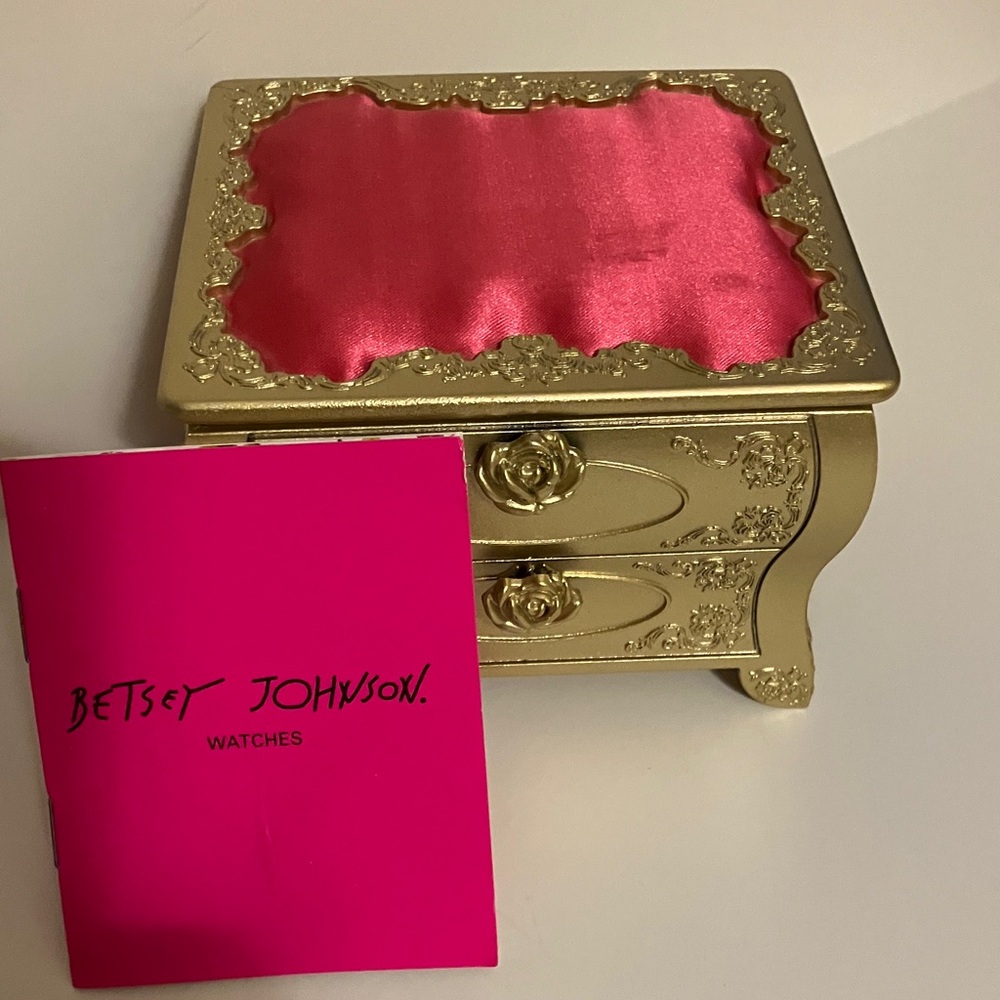 Betsey Johnson Gold Jewelry Box with Pink Satin Top and Watch
